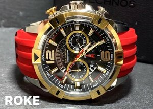  new goods TECHNOS Tecnos regular goods rubber belt chronograph quartz analogue wristwatch multifunction wristwatch 10 atmospheric pressure waterproof Gold Bick face 