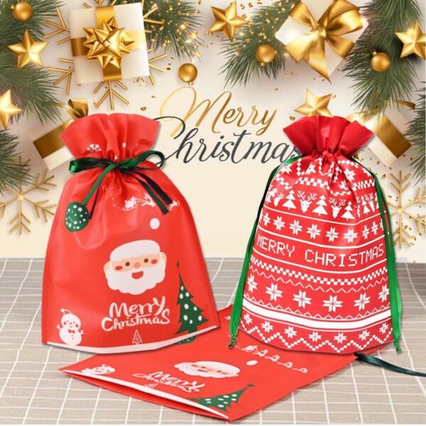 クリスマス ラッピング袋 Xmasギフトバッグ 巾着袋 リボン付 プレゼント用