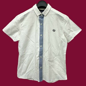 FRED PERRY / Fred Perry lady's one Point embroidery short sleeves button shirt white × blue dot thin S size I-3913