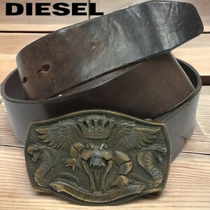 【イタリア製】DIESEL / ディーゼル メンズ バックルベルト レザーベルト ダークブラウン 95cm(最大）