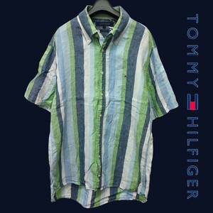 TOMMY HILFIGER /トミーヒルフィガー メンズ 麻100％ リネン半袖 ストライプシャツ Lサイズ 夏服 I-4003