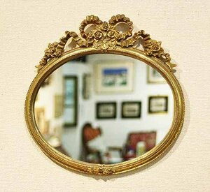 輸入雑貨 ミラー 楕円 ゴールド リボン リビングスタジオ 直輸入 壁掛け 鏡 ロココ オーバル イタリアン クラシック 姫系 15015WM-GD