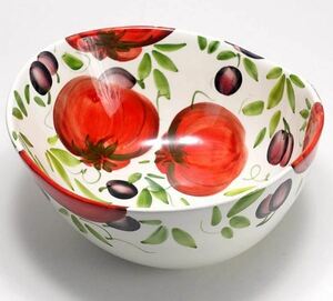 イタリア製 輸入雑貨 サラダボウル 皿 鉢 陶器 リビングスタジオ 直輸入 トマト 楕円 スープ ハンドペイント バッサーノ BRE-1768-25T