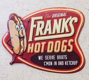 輸入雑貨 アンティークエンボスプレート FRANK'S HOT DOGS ブリキ 壁飾り アメリカ リビングスタジオ ビンテージ シャビー HLHT22057A