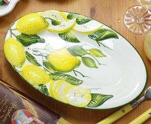 イタリア製 輸入雑貨 ディナー皿 楕円 レモン柄 リビングスタジオ 直輸入 盛り皿 カレー スパゲティ バッサーノ ハンドペイント BRE-1474LE
