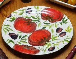 イタリア製 輸入雑貨 ディナープレート パスタ皿 陶器 リビングスタジオ 直輸入 トマト 丸皿 円形 ハンドペイント バッサーノ BRE-1354T
