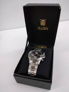  【Pkas-529】ELGIN エルジン クロノグラフ 腕時計 シルバー×ブラック 説明書なし 美品 FK-1184N-SL (電池切れ未使用) (ジャンク品)