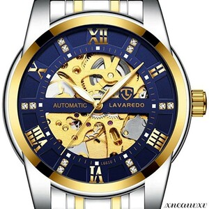  stylish machine wristwatch self-winding watch skeleton Gold / blue stainless steel antique men's stylish clock bijine Swatch 