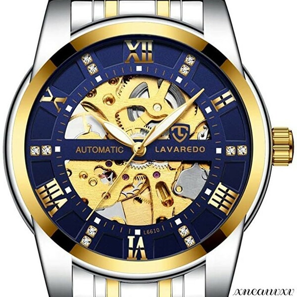 おしゃれな 機械式 腕時計 自動巻き スケルトン ゴールド/ブルー ステンレス アンティーク メンズ おしゃれ 時計 ビジネス ウォッチ