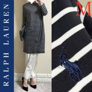 美品！ラルフローレン 8分袖　ボーダー　ワンピース 裾ロゴ刺繍　M 濃紺　RALPH LAUREN Ralph Lauren 