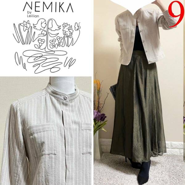 NEMIKA by Leilian レリアン　綿麻　ストライプ　ジャケット　9号　ネミカバイレリアン　コットンリネン　バンドカラー　通年　ストライプ