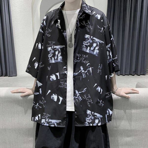 【新品】XLサイズ ブラック フォトプリント 半袖 シャツ メンズ