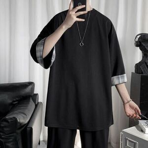 【新品】Lサイズ ブラック 七分袖 Tシャツ チェック柄 カジュアル メンズ