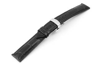 腕時計 交換 ベルト 16mm 黒 クロコダイル型押し 牛革 プッシュ式 Dバックル シルバー ar04bk-pd-s