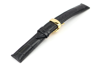 腕時計 交換 ベルト 20mm 黒 クロコダイル型押し 牛革 プッシュ式 Dバックル イエローゴールド ar04bk-pd-y