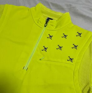 オークリー 半袖ハーフジップシャツ モックネック M イエロー ドライストレッチ スカル 美品