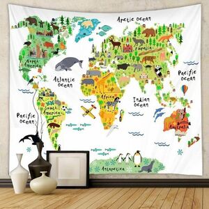 世界地図 タペストリー可愛い動物子供部屋 インテリア布製 150x130