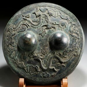 Z029. 中国古玩 青銅器 打出 双龍文 銅鑼 直径35.5cm / 銅器古美術時代金工美術