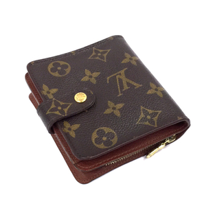 1円 ルイヴィトン M61667 モノグラム コンパクトジップ 二つ折り財布 ラウンドジップ ボタン 茶系 LOUIS VUITTON