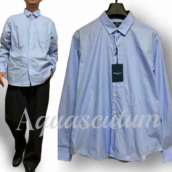 【最終価格】新品 定価3.3万 Aquascutum アクアスキュータム 上質 コットン100% ストライプ 襟裏チェック 長袖シャツ ドレスシャツ 44