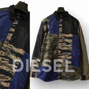 【最終価格】新品 定価2.9万 DIESELディーゼル コットン×ナイロン パッチワーク 迷彩 カモフラ 長袖 カジュアル シャツ L