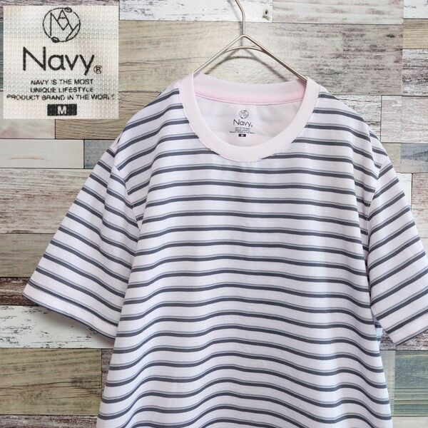 【Navy】 Tシャツ クルーネック 半袖Tシャツ ボーダー　ピンク　M