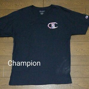 Champion 両面ロゴプリントTシャツ　紺系　M C-2411