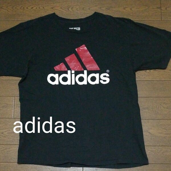adidas　ビッグロゴ　プリントTシャツ　黒系　XL A-2424