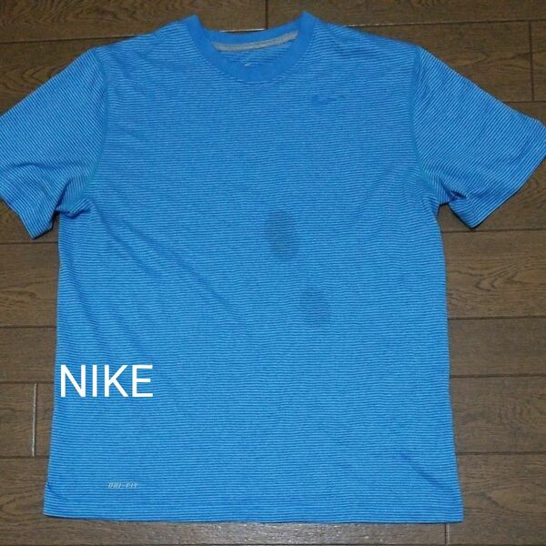 NIKE DRI-FIT ワンポイントロゴ　ボーダーTシャツ　ブルー系　L N-2495