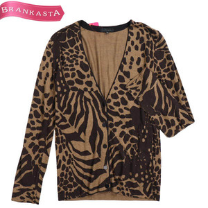 [ beautiful goods ]MOGA/ Moga cardigan tops long sleeve knitted V neck animal pattern cotton . silk .3 L corresponding brown group [NEW]*51GE34