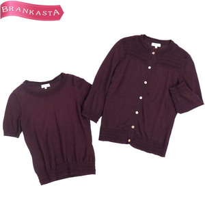 SCAPA/ Scapa lady's ensemble tops six minute sleeve knitted cardigan × short sleeves knitted cotton 100% 36 purple [NEW]*51HH19