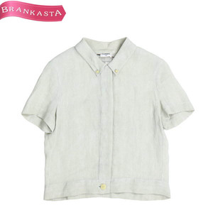 CHANEL/ Chanel lady's short sleeves shirt tops blouse thin flax × nylon button down pale green group [NEW]*61EJ52