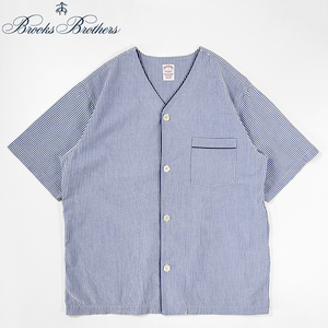 美品◎Brooks Brothers パジャマ シャツ 半袖 S M サックスブルー PAJAMA ストライプ シアサッカー ブルックス ブラザーズ USA 古着 