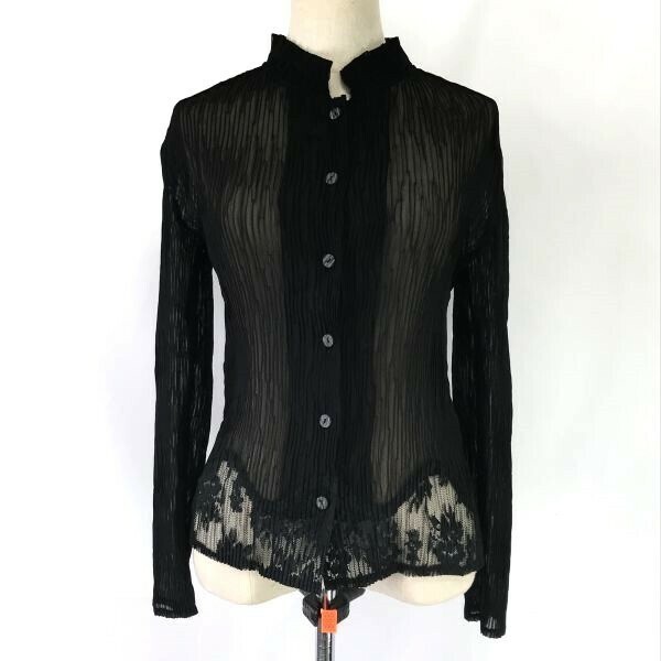 OISO★透け感/シアー/プリーツ加工/長袖/シャツジャケット【レディースM/黒/black/スタンドカラー】Tops/Shirts◆BH736