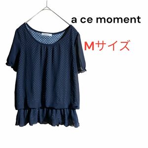 【a ce moment】シースルーカットソー　ブラウス　レディース　ネイビー　ドット　Mサイズ