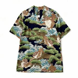  beautiful goods ONIWASOTOoniwasoto 100 . large . wave pine. tree peace pattern . collar aloha shirt M short sleeves men's open color loop stop rayon Hawaiian 