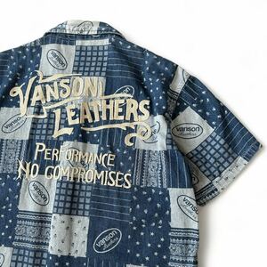 美品 VANSON バンソン インディゴ染め チンスト マチ付 刺繍 パッチワーク チェック デニム シャツ L 半袖 春夏 メンズ バイカー アメカジ