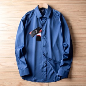 P2812-M 新品DCKMANY■シルク混 長袖シャツ メンズ ノーアイロン 形態安定 ドレスシャツ ワイシャツ 無地 ビジネス シャツ/ブルー