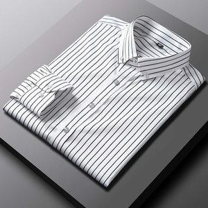 P025-XL新品DCKMANY■縦縞 長袖シャツ メンズ ノーアイロン 形態安定 ストライプ ビジネス ワイシャツ シルクのような質感/ホワイト