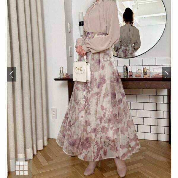 グレイル　GLR オーガンジー　フレアスカート　花柄　ピンク　ロング丈　透け感　 ドレス　ロングスカート　オールシーズン　タグ付き
