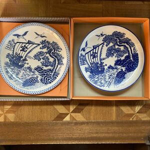 大皿　2枚セット　30cm　絵皿　和柄　鶴亀　宝船　松　レトロ　