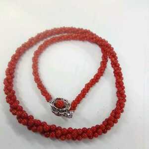 ●ハ3776H◎サンゴ　珊瑚　赤系　丸珠デザイン　ネックレス　留め具SILVER刻印あり　43.5センチ◎送料込み◎