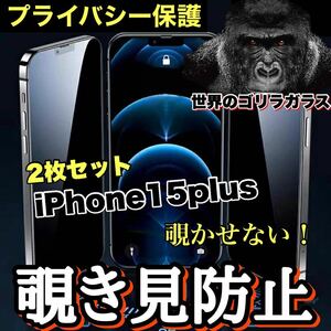 お得な2枚セット！【iPhone 15plus】 覗き見防止強化ガラスフィルム【高品質ゴリラガラス】　プライバシー保護！送料込み