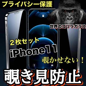 お得な2枚セット！【iPhone 11】 覗き見防止強化ガラスフィルム【高品質ゴリラガラス】　プライバシー保護！送料込み