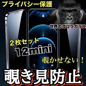 お得な2枚セット！【iPhone 12mini】 覗き見防止強化ガラスフィルム【高品質ゴリラガラス】　プライバシー保護！送料込み