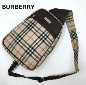 美品●バーバリー BURBERRY メンズ ビジネス ボディバッグ ショルダー ウエストポーチ ノバチェック ロゴプレート レザー ブラウン 茶色