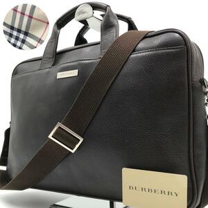 美品●バーバリー BURBERRY メンズ ビジネスバッグ A4収納可能 ブリーフケース 2way 内側ノバチェック レザー ブラウン系 書類鞄 ハンド