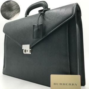 極美品/付属品完備●バーバリー BURBERRY メンズ ビジネスバッグ A4収納可能 ブリーフケース ハンドバッグ ロック式 レザー ブラック 黒色