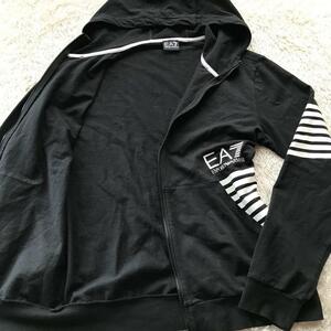 美品/XLサイズ●エンポリオアルマーニ ジップパーカー EMPORIO ARMANI フードジャケット EA7ロゴ ブラック 黒 ストレッチ ブルゾン 春夏