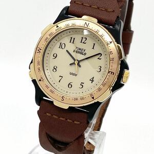 TIMEX INDIGLO wristwatch rotation bezel round Arabia n 3 hands quartz quartz Gold black gold black leather belt Timex Y898